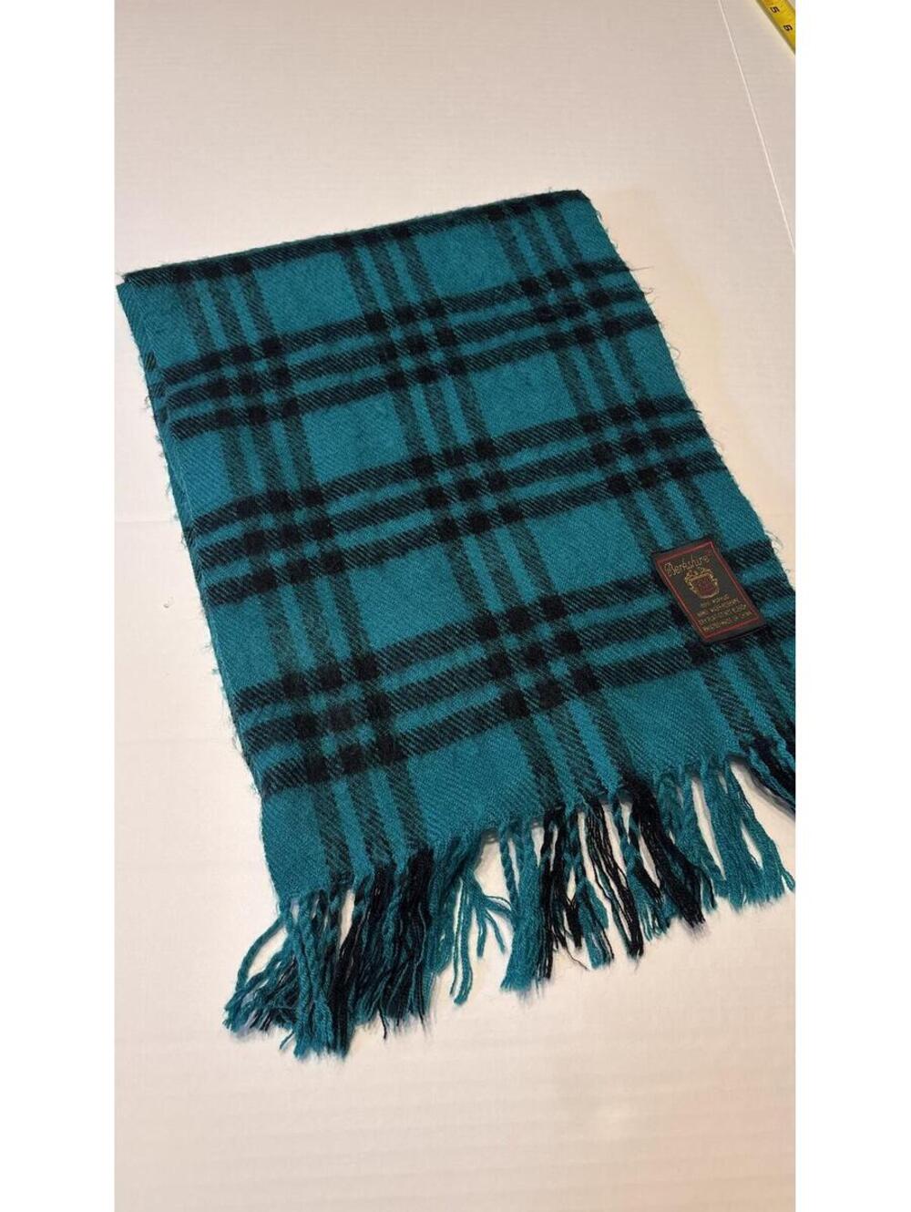Vintage Berkshire Plaid Fringe Scarf Teal & Black Soft Winter Wrap